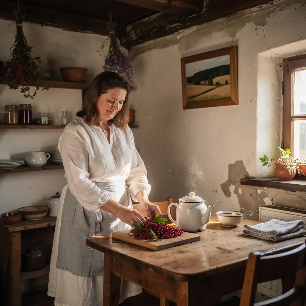 Šaltalankių uogų arbata, patiekiama su šviežiais lapais.