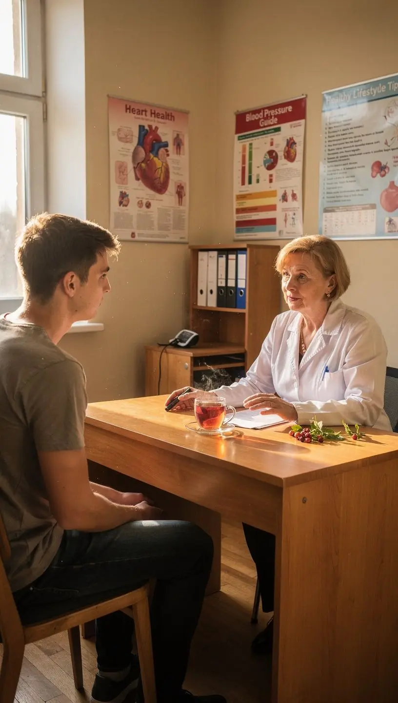 Šaltekšnio uogų arbata puodelyje su šviežiomis uogomis šalia.