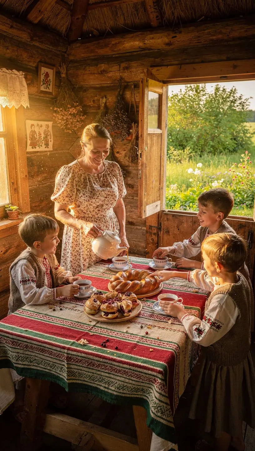 Ramios aplinkos, kurioje mėgaujamasi šaltalankių uogų arbata, vaizdas.