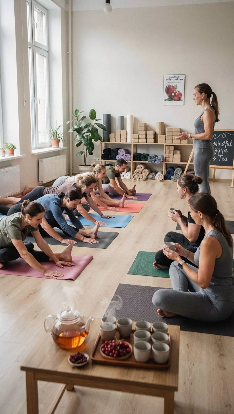 Šaltalankių uogų arbata puodelyje, šalia šviežių uogų ir žolynų.